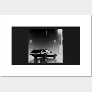 Retro 80s car in the rain black and white Posters and Art